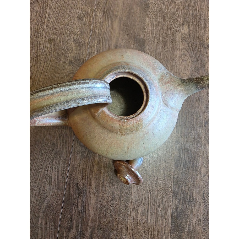 Handcrafted Studio Pottery Teapot Signed Earthy Tan Brown Glaze Bridge Handle - Picture 4 of 9